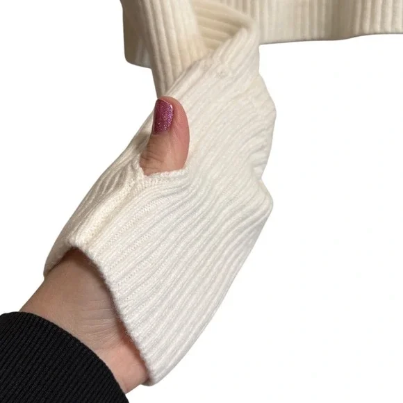Lulus Womens Ivory White Ribbed Knit Cropped Sweater Thumbhole Cuffs Large - Picture 4 of 5